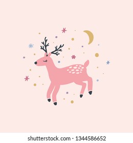 Vector nursery poster with animal. Cute baby deer. Pastel colors wall art. Children prints