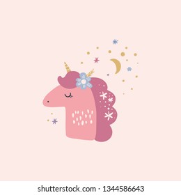 Vector nursery poster with animal. Little unicorn. Pastel colors wall art. Children prints