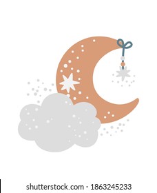 Afiche vectorial de vivero con luna linda, nube y estrellas de fondo blanco. Niños galaxia print eps10, ducha de bebé