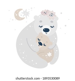 Vector nursery poster with cute polar bears, flowers, moon and stars on a white background. Mother's love. Kids animal print eps10, baby shower