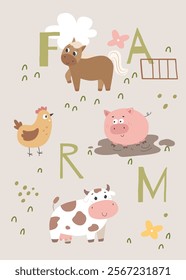 Vector nursery poster design with farm animals. Farming ilustrations of animals. Educational kids cards ready for print
