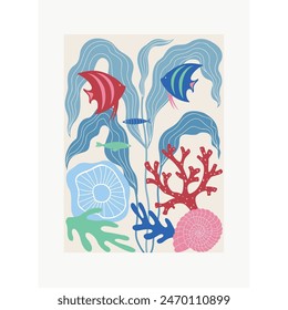 Póster del Vivero de Vector con Peces y Algas.