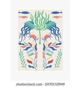 Póster del Vivero de Vector con animales marinos y algas.