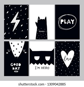 Vector nursery posters with animals, heart and hand lettering phrases Black and white wall art Children prints