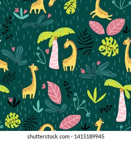 Vector nursery seamless pattern with cute giraffes in the jungle. Colorful illustration in simple cartoon style. Ideal for printing on fabric, textile, wrapping paper, wallpaper.