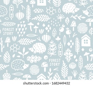 Vector nursery seamless pattern with cute hedgehogs, mushrooms, leaves and floral elements. Scandinavian style. Repeated texture for baby fabrics, kids wallpaper and wrapping paper. Forest background