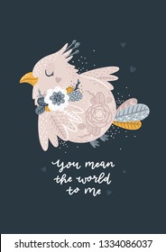 Vetor arte da parede do berçário com pássaro bonito, flores e mão desenhada lettering Cartaz imprimível Cartão de saudação do amor com animal