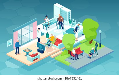 Vector Of A Nursing Home With Elderly People With Disabilities Being Assisted By Medical Staff 