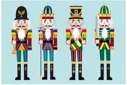 Vector Nutcracker Soldier Flat Image Illustration Design Set  Classic Christmas Cartoon Style Four Gift Wooden Puppet Army Decoration  Toy 