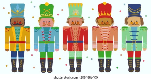 vector nutcracker soldier flat image illustration design set Classic Christmas cartoon style five gift wooden puppet army decoration toy.