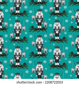 Vector - Nutcracker with walnuts, fir and lantern, seamless pattern.
