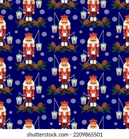 Vector - Nutcracker with walnuts, fir and lantern, seamless pattern.