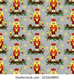 Vector - Nutcracker with walnuts, fir and lantern, seamless pattern.