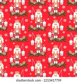 Vector - Nutcracker with walnuts, fir and lantern, seamless pattern.