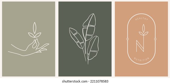 Vector nutrition design linear key and hand logos templates in trendy linear minimal style. Celestial and magical abstract.