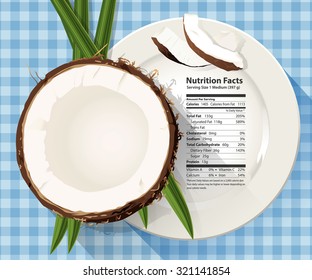 Vector of Nutrition facts in one medium coconut on white plate