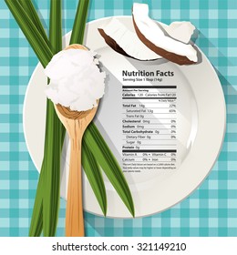 Vector of Nutrition facts in one tbsp coconut oil on white plate