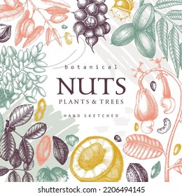 Vector nuts card design in collage style. Vintage nuts sketched frame. Healthy food background with hand-drawn branches, plants, nutshells, and abstract shapes. Creative botanical illustration.