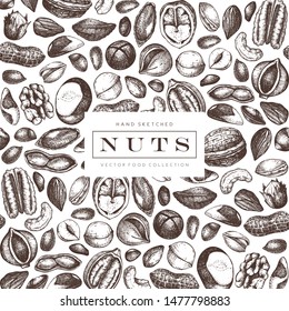 Vector nuts design. Hand drawn pecan, macadamia, pine nuts, walnut, almond, pistachio, chestnut, peanut, brazil nut, hazelnut and cashew. Healthy food background. Engraved style.