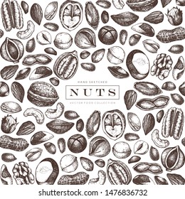 Vector nuts frame design. Hand drawn pecan, macadamia, pine nuts, walnut, almond, pistachio, chestnut, peanut, brazil nut, hazelnut and cashew. Healthy food background. Engraved style nuts and seeds.