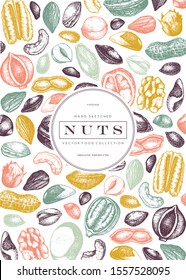 Vector nuts frame design. Hand drawn pecan, macadamia, pine nuts, walnut, almond, pistachio, chestnut, peanut, brazil nut, hazelnut and cashew. Healthy food background. Engraved style nuts and seeds.