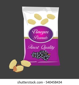 Vector nuts packaging. Packaging design for flavored peanuts. Vector salt vinegar peanuts package design with peanuts in 3d illustration. food packaging template for factories and graphic designers.