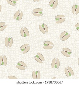 Vektornuts, Pistazien in Beige und Grün auf beigem Hintergrund Nahtlose Wiederholungsmuster. Hintergrund für Textilien, Karten, Herstellung, Wallpaper, Druck, Geschenkverpackung und Scrapbooking.