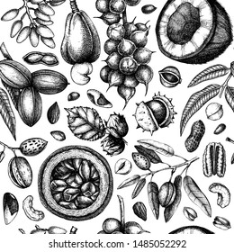 Vector Nuts seamless pattern. With hand drawn botanical elements - branches, fruits, nuts, leaves, plants drawings. Healthy food and snack vintage background. In engraved style. 