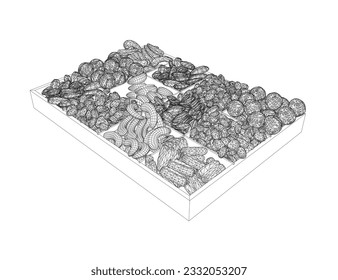 Vector nuts set wireframe. Vector background of dry nuts and seeds - almond, cashew, peanut, walnut, pistachio. Food for grocery shop, black and white color. 3D.