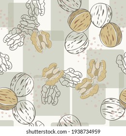 Vector Nuts, Walnuts in Brown Tan on Green Squares Background Seamless Repeat Pattern. Background for textiles, cards, manufacturing, wallpapers, print, gift wrap and scrapbooking.