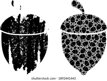Vector oak acorn fractal is formed from random fractal oak acorn parts. Textured oak acorn icon. Recursion mosaic from oak acorn.