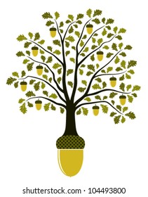 Vector Oak Tree Growing From Acorn On White Background