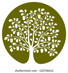 Vector Oak Tree Isolated On Green Round