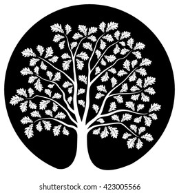 vector oak tree isolated on black round