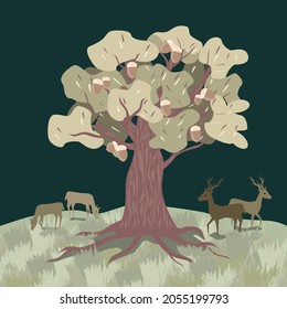 Vector - oak tree pattern with a deer family, floral illustration, watercolor template.