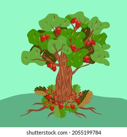 Vector - oak tree pattern with leaves, floral watercolor illustration.
