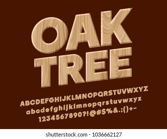 Vektor Oak Tree strukturierte Zeichen. Eco Font. Satz von Alphabet-Alphabet-Buchstaben aus Holz, Zahlen und Satzzeichen
