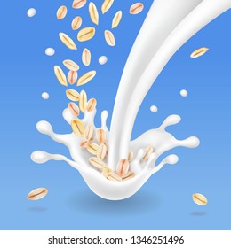 Vector Oat Flakes In Milk Splash Realistic Packaging Element Illustration