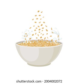 Vector Oatmeal Bowl Isolated On White Background, Oat Grain Porridge, Breakfast Illustration, Falling Oats.