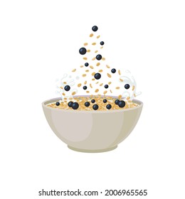 Vector Oatmeal Bowl Isolated on White Background, Oat Grain Porriadge, Breakfast Illustration, Falling Oats, Cereals with Blueberries.