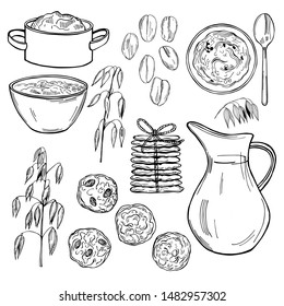 Vector oatmeal set. Porridge, cookies. Hand drawn sketch illustration