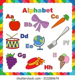 Vector object alphabet. Cute alphabet in vector objects. Apple, bow, carrot, drum, earth, fork, grape, hat, ice, cream, ice-cream
