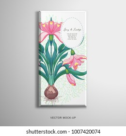 Vector object. Chocolate bar packaging. Bouquet of pink snowdrop flowers. Leaves and branches on backdrop. Place for your text.