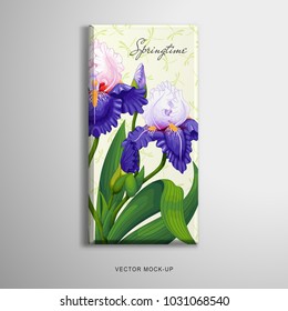 Vector object. Chocolate bar packaging. Iris flower with bud, onion, root and leaves on a background with dragonflies. Place for your text.