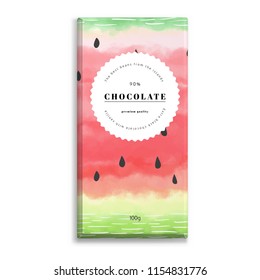 Vector object. Chocolate bar packaging. Watercolor pattern with watermelon. Hand drawing. Place for your text.