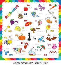 Vector object complete colorful alphabet. Cute alphabet in vector objects.