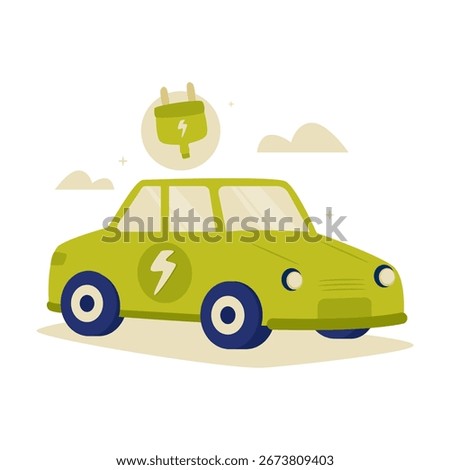 Vector object of a green electric car symbolizing eco-friendly transportation with sustainable clean energy concepts.