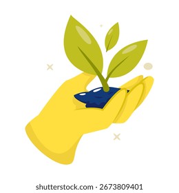 Vector object of a hand holding a tree seed, representing replanting and environmental care awareness.