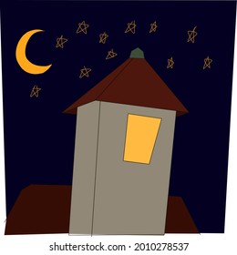 A vector with an object home with a tower with Windows at night