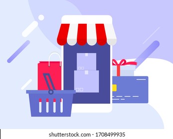 Ilustración de objetos vectoriales para el negocio. Centro comercial móvil.
